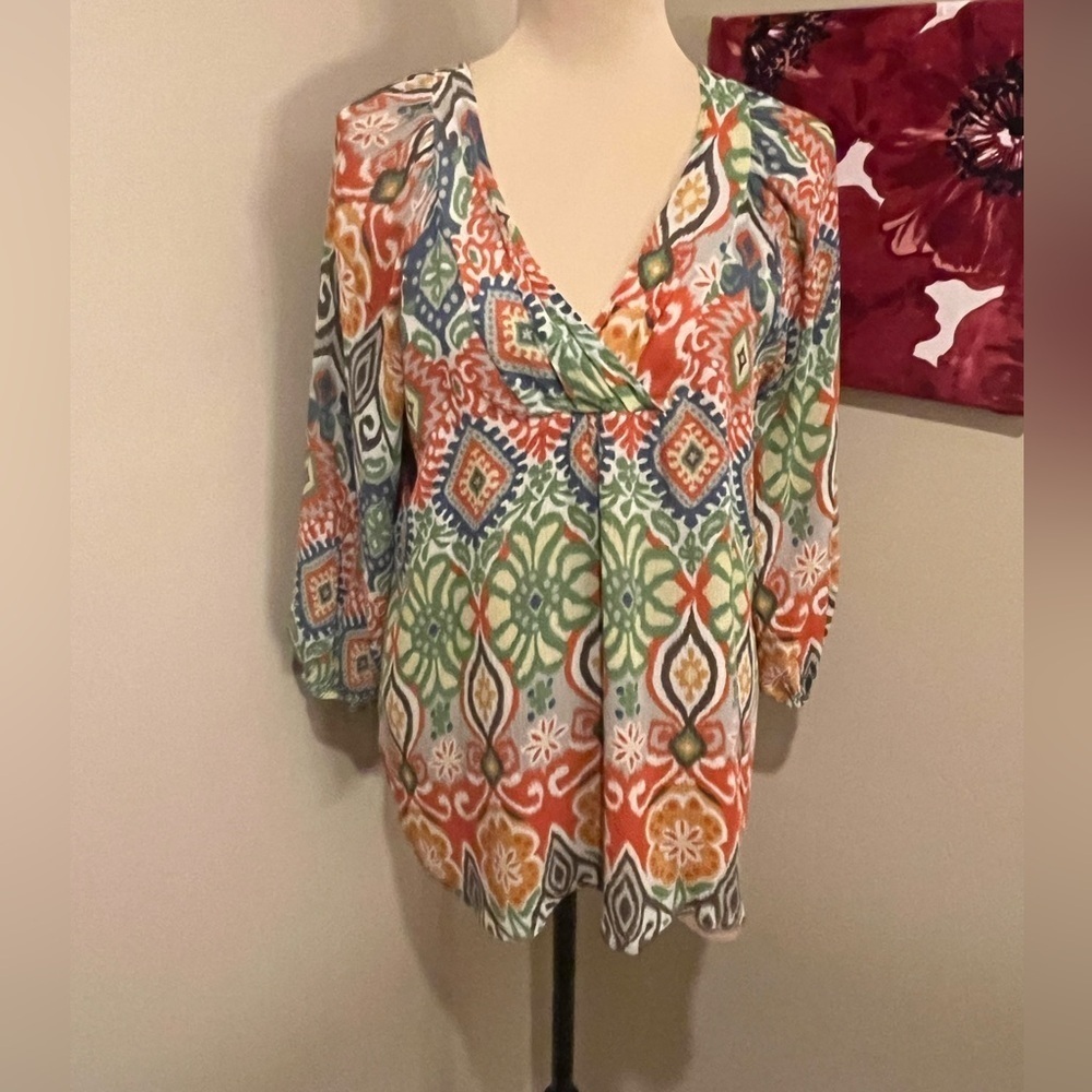 Sundance 100% Silk Colorful Geometric Peasant Top, size Large